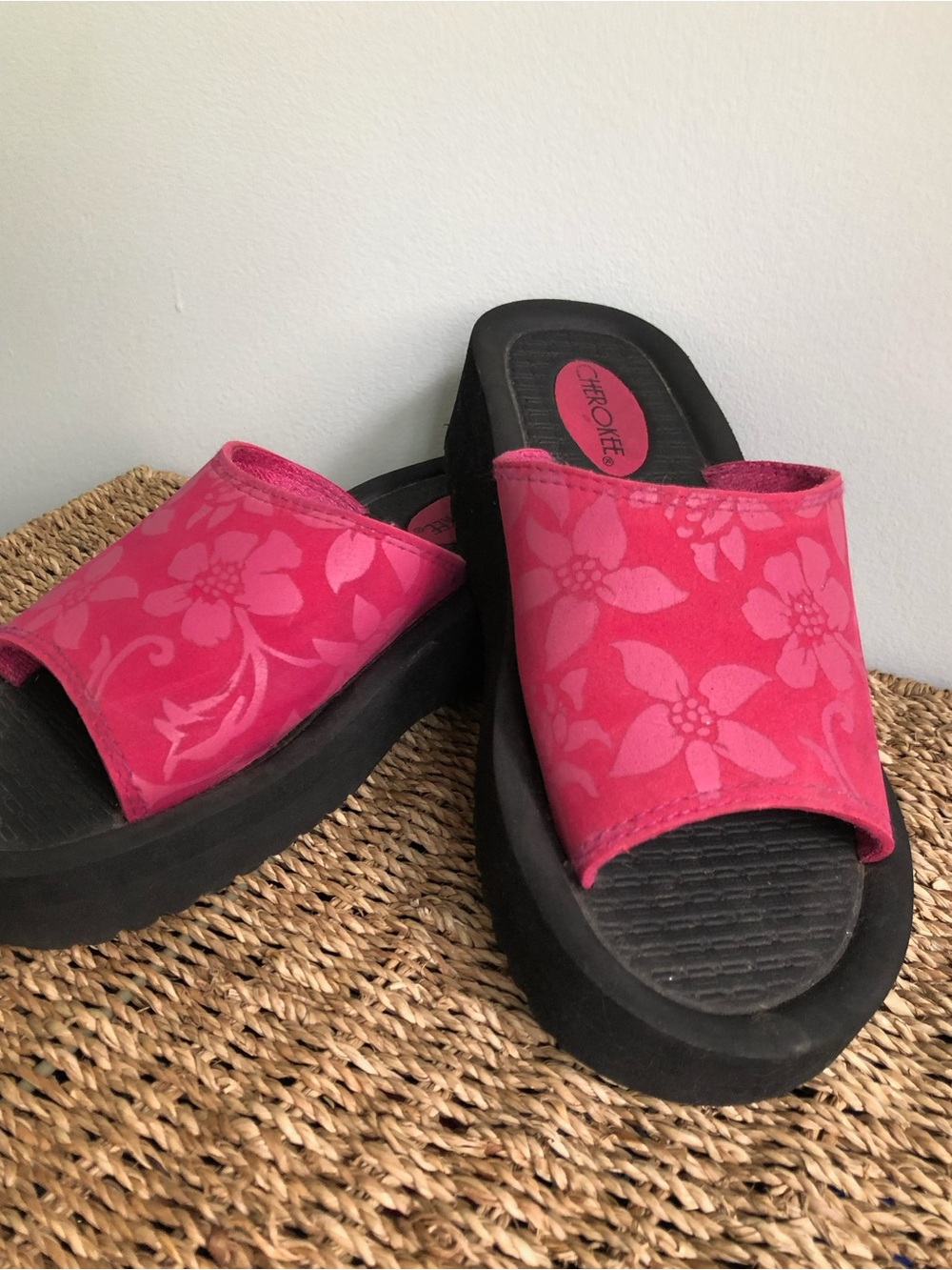 Y2K Cherokee Tropical Hawaiian Floral Platform Slide Sandals Coastal Grandma